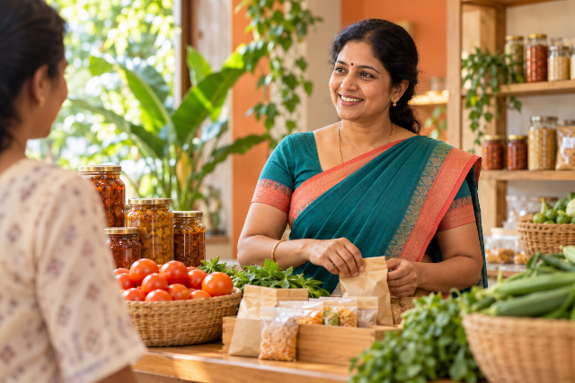 Illustration of a local entrepreneur serving a customer